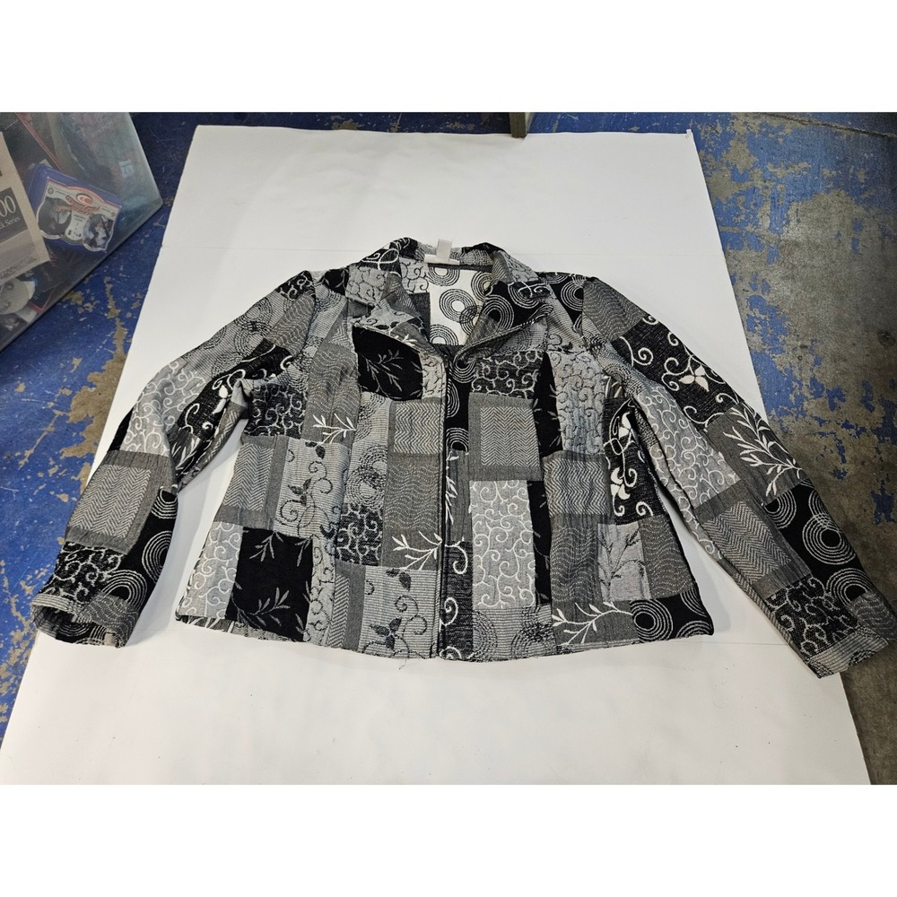 Dressbarn Woman Patchwork Zip Front Jacket Black Grey White Floral Size 14/16